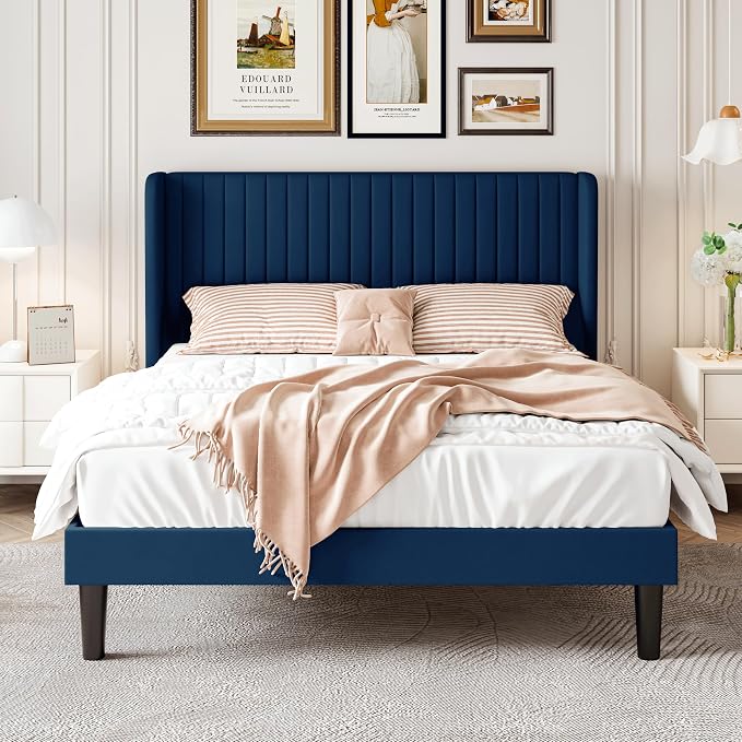 SHA CERLIN Full Size Velvet Bed Frame, Tufted Wingback Headboard, Blue | 47'' Modern Vertical Channel Headboard, Upholstered Platform Bed, Wood Slats, No Box Spring Needed, Easy Assembly, Noise Free