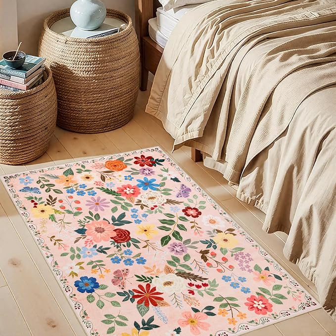 PLHXFR 2x3 Small Entryway Rug: Floral Washable Indoor Soft Carpet Beige | For Entrance, Bedroom, Kitchen, Laundry, Bathroom,Door Mat,Vintage Floral,Machine washable,Non-Slip,Stain Resistant,Indoor