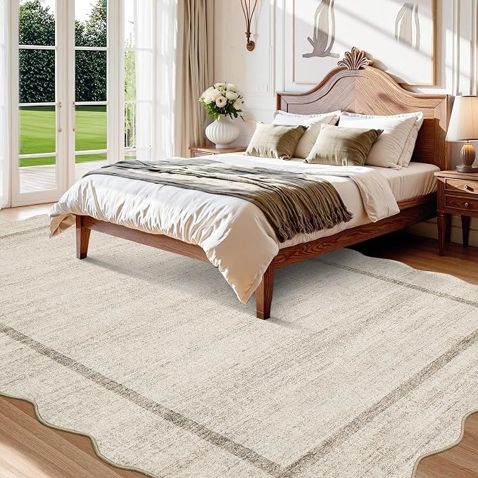 GarveeHome Scalloped Washable Rug 4x6 Boho Living Room Area Rug, Beige | Bordered Non-Slip Farmhouse Bedroom Carpet Dorm Room Throw Rug, Low Pile Soft Accent Mat for Kitchen Entry Office