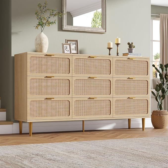 GarveeHome Rattan 9 Drawer Dressers for Bedroom, Deep Drawer, Natural | Tall Dresser, Wide Top, for Living Room, Hallway, Kids Room, Large Chest of Drawers for Closet, Long Wooden Dresser