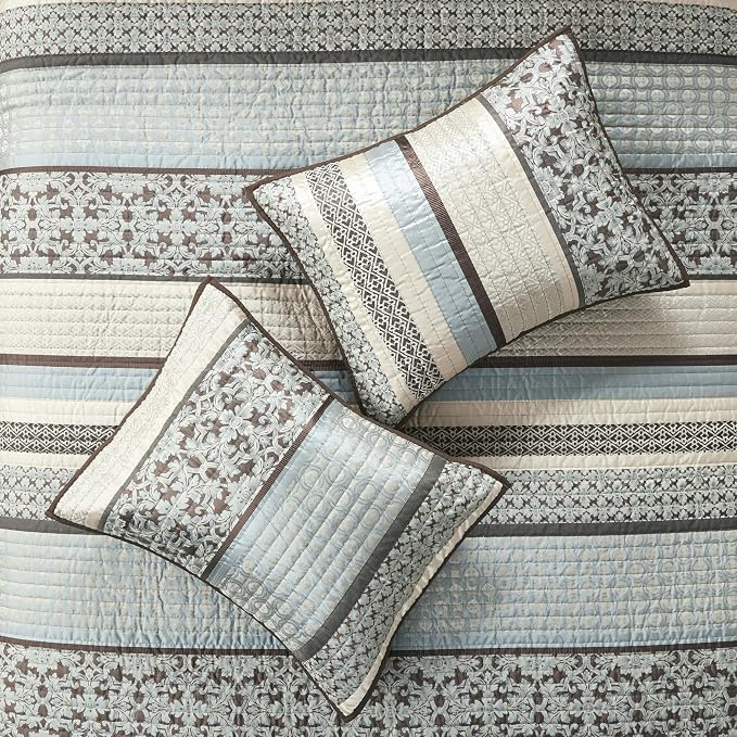 Madison Park Quilt Set Luxurious Jacquard Stripes Design - All Season, Coverlet Bedspread Lightweight Bedding Layer, Shams, Decorative Pillow, Full/Queen(90"x90"), Floral Blue 5 Piece | All Season, Luxurious Coverlet Bedspread Lightweight Bedding Layer...