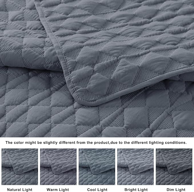 WDCOZY Blue Quilt King Size Bedding Sets with 2 Pillow Shams, Lightweight Soft Bedspread Coverlet, Quilted Blanket Thin Comforter Bed Cover for All Season, 3 Pieces, 104x90 inches