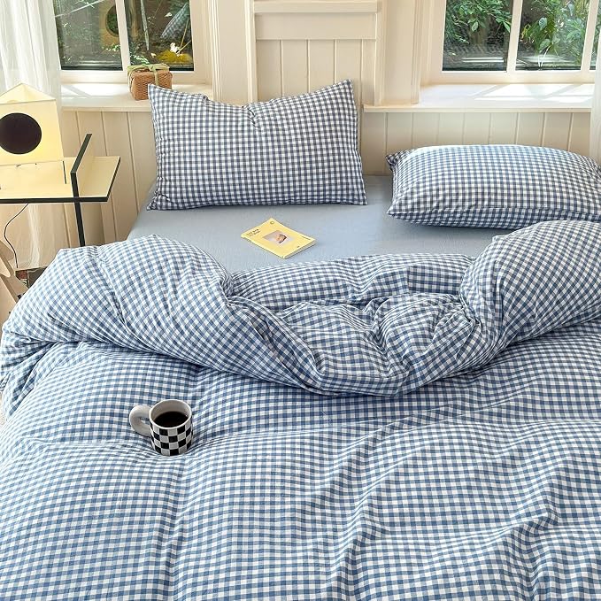 LifeTB Blue Gingham Comforter Set California King 3 Pieces Modern Plaid Checkered Comforter Set Blue Grid Comforter with 2 Pillowcases Soft Fluffy Grid Farmhouse Gingham Bedding Set for All Seasons
