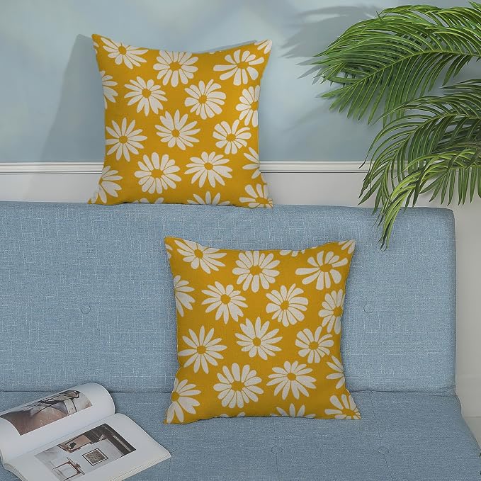 Mustard Yellow Pillow Covers 16x16 Inch 2 Pcs Daisy Floral Summer Outdoor Decor Throw Pillows Spring Flower Farmhouse Holiday Decoration Pillowcase Linen Cushion Cover for Couch Sofa Bed