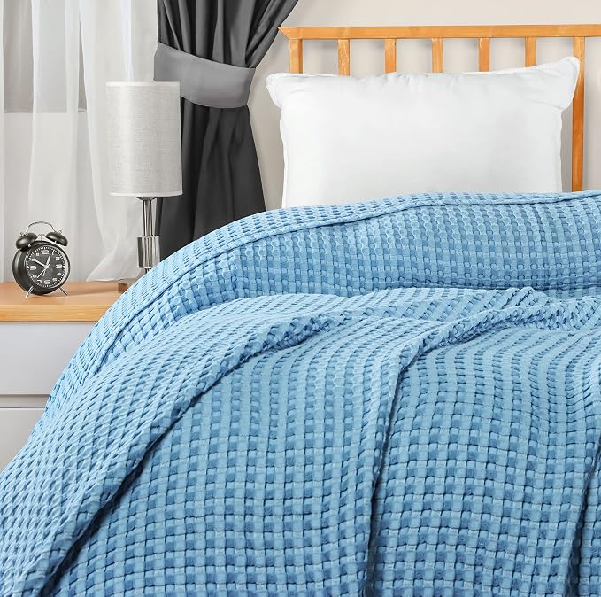 Utopia Bedding 100% Cotton Waffle Blanket Twin Size Sky Blue, 90x72 Inch | Lightweight Breathable Cozy Summer Bed Blanket Home Decor Gift for Women and Men