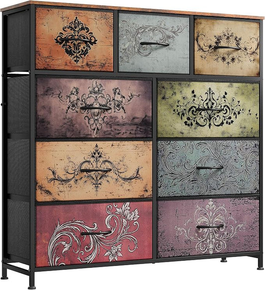 WLIVE Tall Dresser for Bedroom, 9 Drawer Chest of Drawers, Pattern | 9 roomy fabric drawers, Tall storage design, Bedroom or closet use, Sturdy steel frame, Smooth wood tabletop