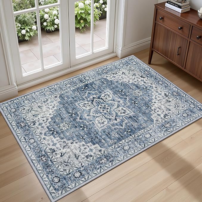 2x3 Area Rugs Living Room: Washable Vintage Rug for Bedroom Blue | Boho No Slip Stain Resistant Rug Soft Indoor Decor Floor Floral 2x3 Area Rugs for Dining Room, Nursery, Hallway, Home Office
