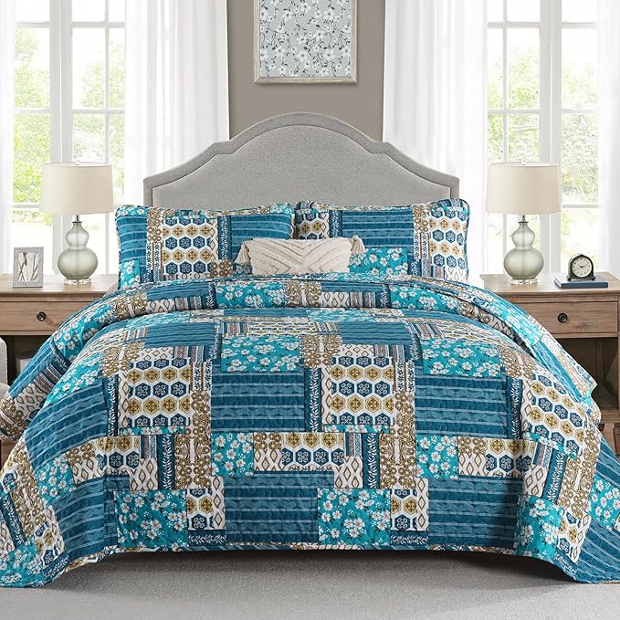 Mybedsoul Boho King Quilts, Patchwork Bedding Set, Dusty Blue | Soft Lightweight Microfiber Floral Coverlet Set, 3 Pieces Plaid Bedspread, Reversible Bed Sets for All Seasons 90"x110"