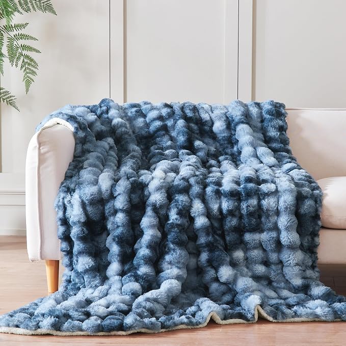 60x80 Inches Ultra-Soft Fuzzy Faux Fur Plush Twin Size Blanket - Thick, Warm Sherpa for Couch, Sofa, Bedroom, Camping - Decorative Blanket for Cozy Warmth, Bubble Dark Blue Tie Dye