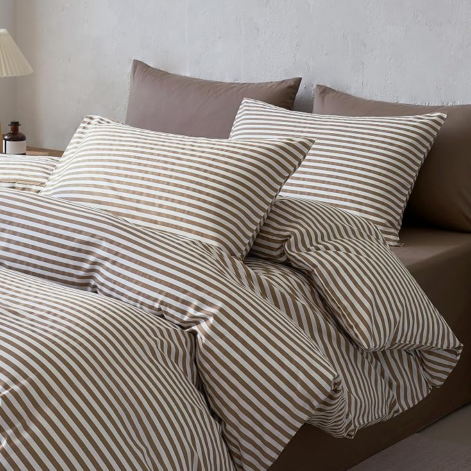 JELLYMONI 100% Cotton Printed Striped Queen Duvet Cover Set, Tan | Breathable and Soft, Classic Stripes, 8 Corner Ties & Double-Head Hidden Zipper, For Master or Guest Bedroom