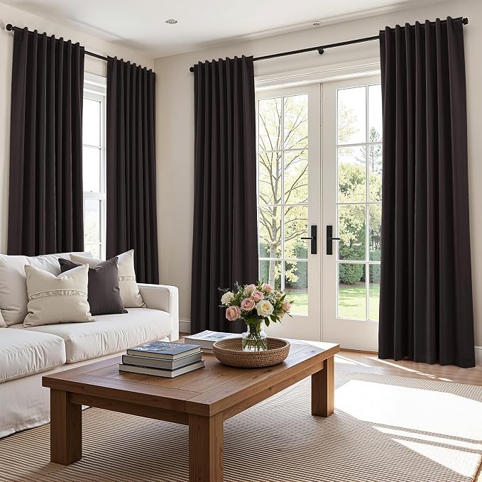 100% Blackout Curtains 84 Inch Length 2 Panels Set for Living Room Bedroom Back Tab Thermal Insulated Black Out Linen Drapes Room Darkening Cocoa Coffee,52x84