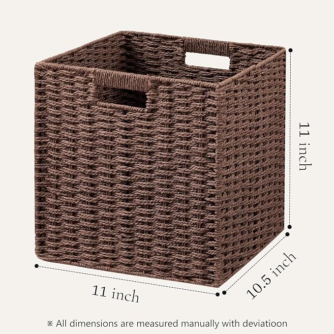 UBBCARE 3 Pack Wicker Basket, 11L×11H×10.5W inch Woven Paper Rope Storage Baskets for Shelves, Foldable Cube Storage bin with Handle, Storage Basket for Organizing & Decor, Brown