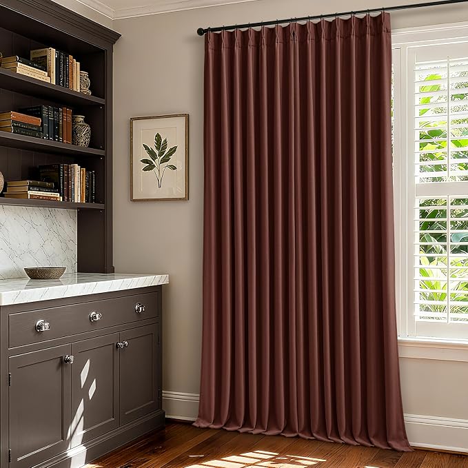 Chestnut Brown 100 Inch Floor Length Linen Blackout Curtains for Bedroom | Pinch Pleated, Black Out Light Blocking, Thermal Insulated, Soundproof, Window Drapes Double Layer, 40x100 Inch 2 Panels