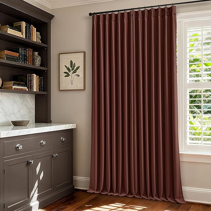 TWODRAPES Brick Brown Pinch Pleated Blackout Linen Curtains 120 Inches Long | 100% Black Out Room Darkening, Thermal Insulated, Red Chestnut Country Farmhouse, Drapes for Living Room Bedroom 2 Panels