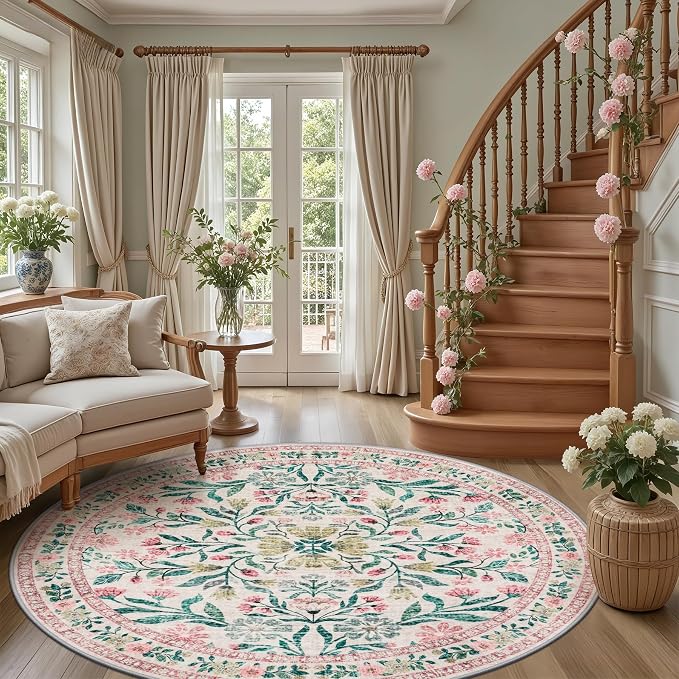 PLHXFR Round Area Rug Living Room: 8 ft Floral Washable Carpet Pink Green | For Bedroom Dining Room Farmhouse Nursery Hallway,Vintage Floral,Machine washable,Non Slip,Stain Resistant,Large Indoor