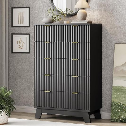 Xixini Fluted Dresser for Bedroom with 6 Drawers, 46" Tall Modern Chest of Drawers with Metal Handle, Wooden Dresser TV Stand, Wood Closet Clothes Storage Organizer for Living Room, Hallway, Black