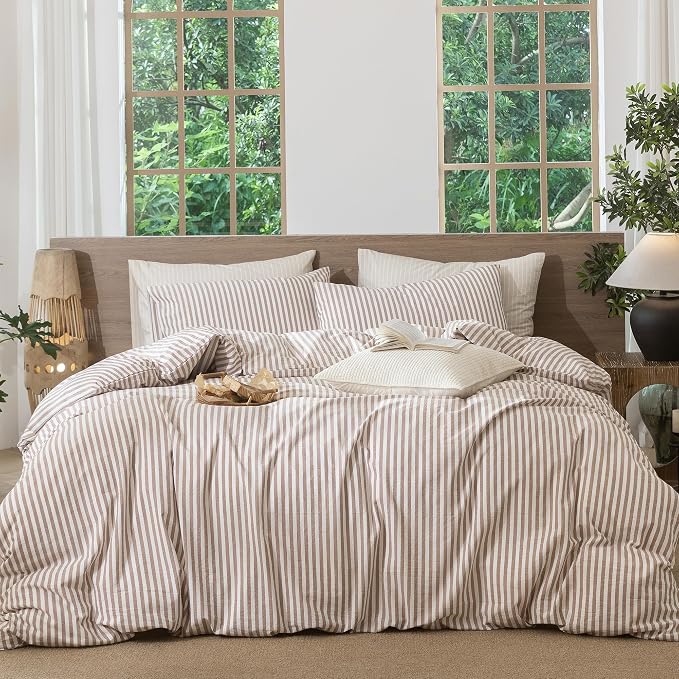 MooMee Striped Duvet Cover Set 100% Washed Cotton Linen Like Super Queen | Relaxed Linen-like Texture. Soft, Breathable & Long-lasting Comfort. Lightweight. Hidden Zipper with 8 Interior Corner Ties