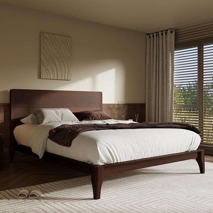 Merax Full Size Bamboo Platform Bed Frame with Tall Headboard, Espresso | Mid-Century Modern Solid Bedframe Full-Size, Wood Slat Support, No Box Spring Needed, Easy Assembly, Noise Free