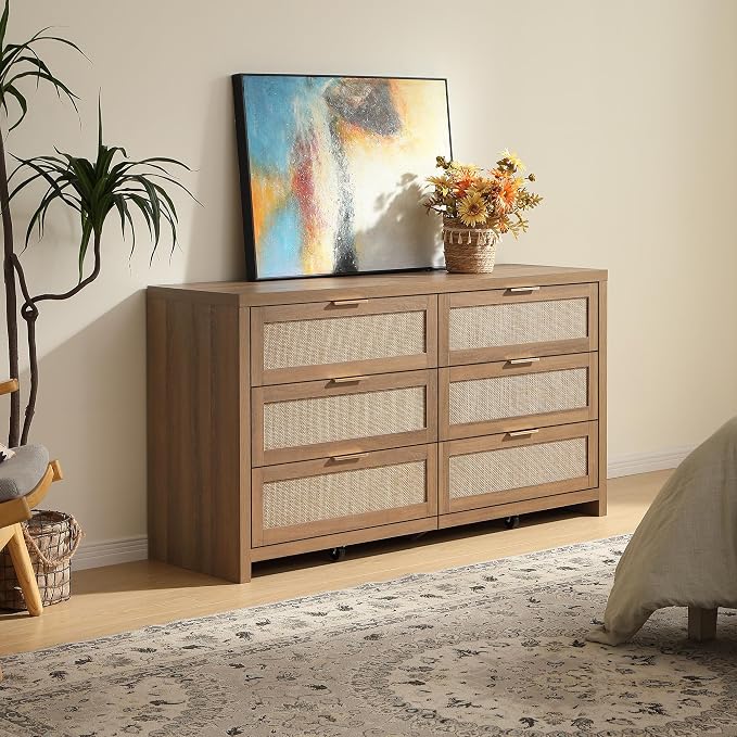 SICOTAS Rattan Dressers for Bedroom Set 2, Large 6 Drawer Dresser | Long Chest of Drawers, Dresser Farmhouse TV Stand for Bedroom, Living Room, Nursery, Closet, Reclaimed Caramel Oak, 2 Pieces
