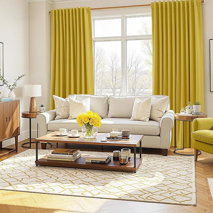 100% Blackout Curtains 96 Inch Length 2 Panels Set for Living Room Bedroom Back Tab Thermal Insulated Black Out Linen Drapes Room Darkening Celery Yellow,52x96