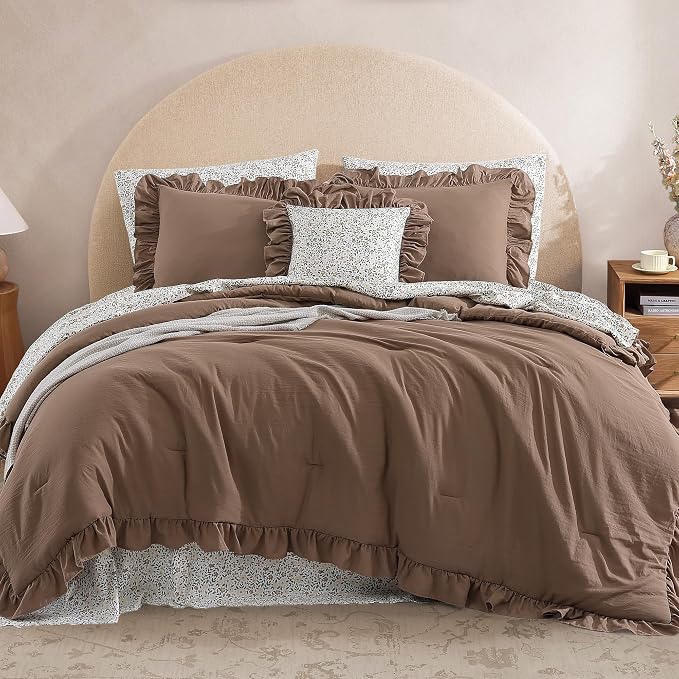 Twin XL Comforter Set-5 Pieces Ruffle Bedding Floral Sheet | Brown Bed in a Bag, Soft Lightweight All Season Farmhouse Twin XL Bedding Set with Floral Sheets, Pillowcases & Shams