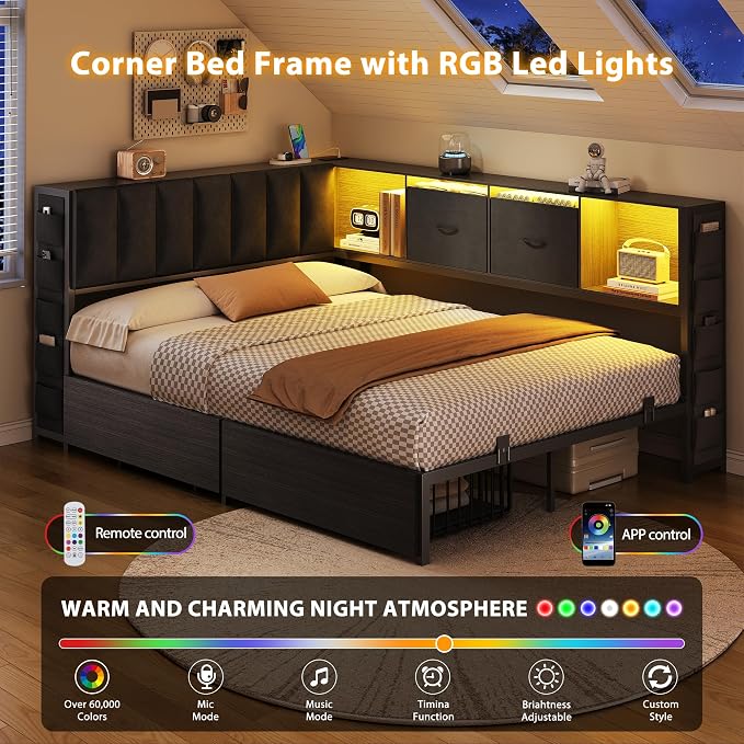 MapleGrace Full Corner Bed Frame with Upholstered Storage Headboard and Drawers, Metal Platform Bed Frame with LED Light and Charging Station, Full Daybed for Living Room, Bedroom & Guest Room, Black
