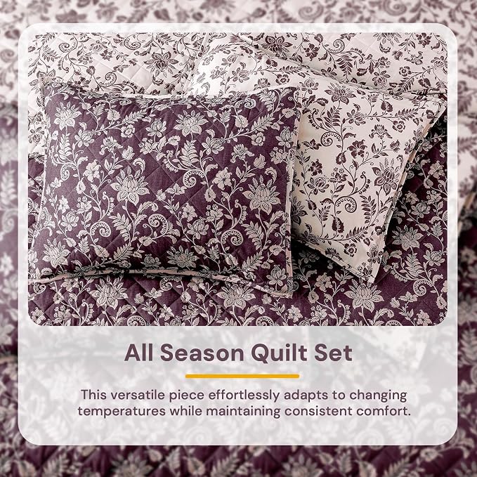 BLOOMHAVEN Queen Quilt Set-3 Pieces Soft Bedding Floral Reversible Coverlet | All Seasons Lightweight Quilts Queen Size for Bed, Breathable Vintage Bedspread with Shams, Italian Plum