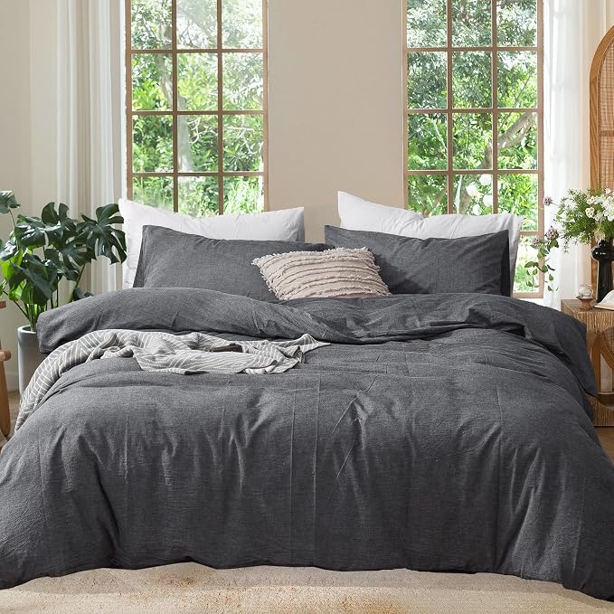 MooMee Duvet Cover Set 100% Washed Cotton Linen Like Super Queen | Relaxed Linen-like Texture. Soft, Breathable & Long-lasting Comfort. Lightweight. Hidden Zipper with 8 Interior Corner Ties