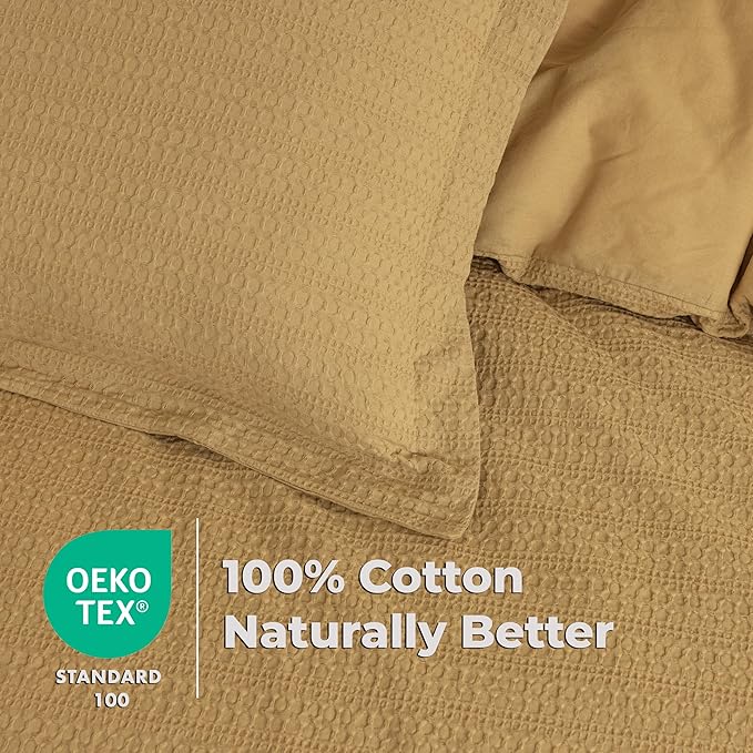 Dreamology Duvet Cover Queen, Waffle Duvet Cover Set,100% Cotton Waffle Weave Duvet Covers with Zipper Closure, Soft Textured & Breathable Bedding Set,Queen Duvet Cover 3 Pieces (Mustard)