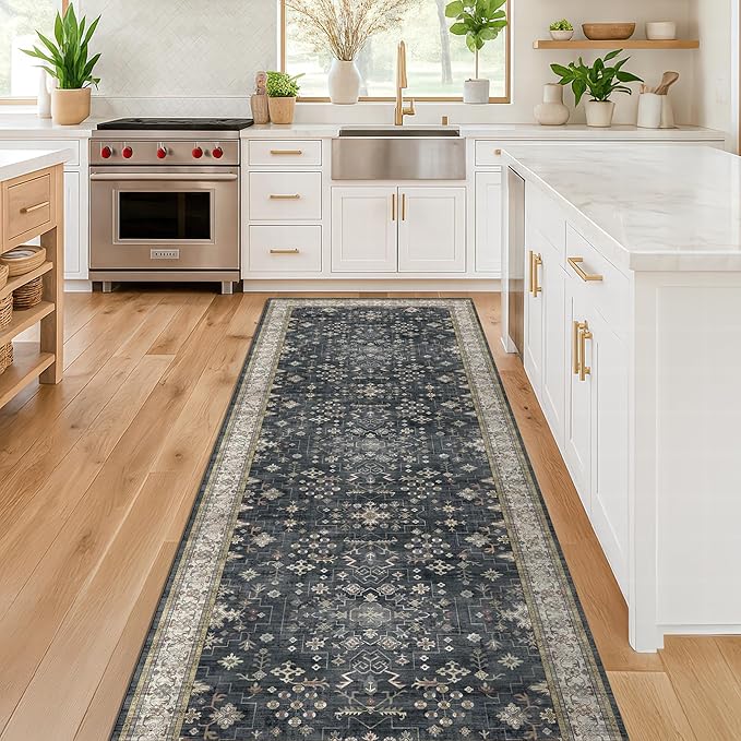 Black Boho Washable 3x20 Extra Long Runner Rug for Hallway, Waterproof Large Kitchen Floor Rug, Non-Slip Stain & Fade Resistant, Vintage Floral Decor