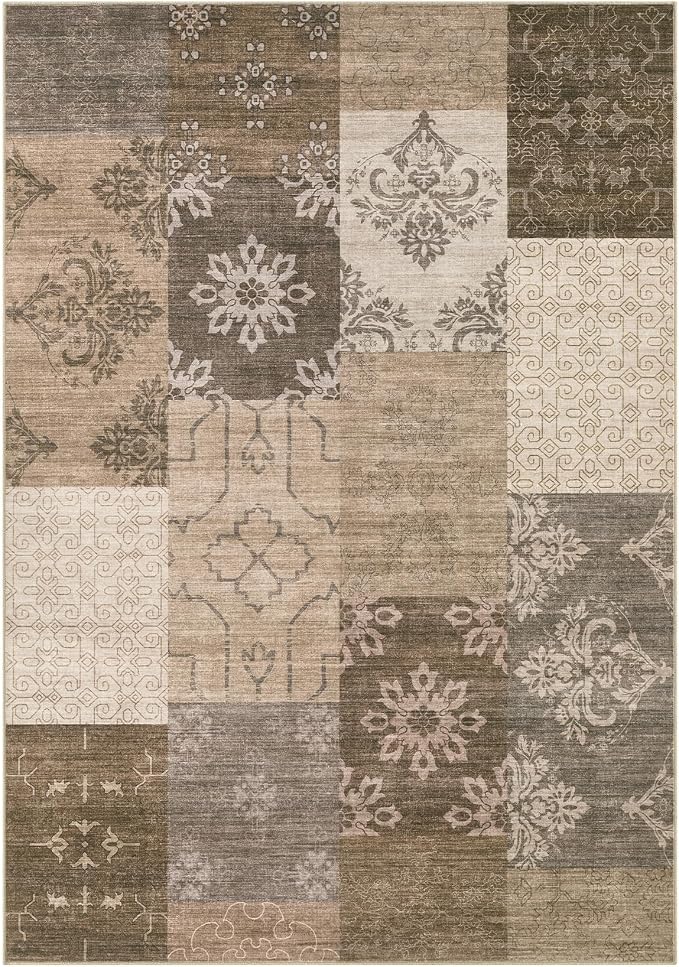 UERMEI 9x12 Area Rug for Living Room, Washable Brown Modern Geometric Patchwork Non Slip Stain Resistant Low Pile Foldable Carpet for Bedroom Dining Farmhouse Home Office