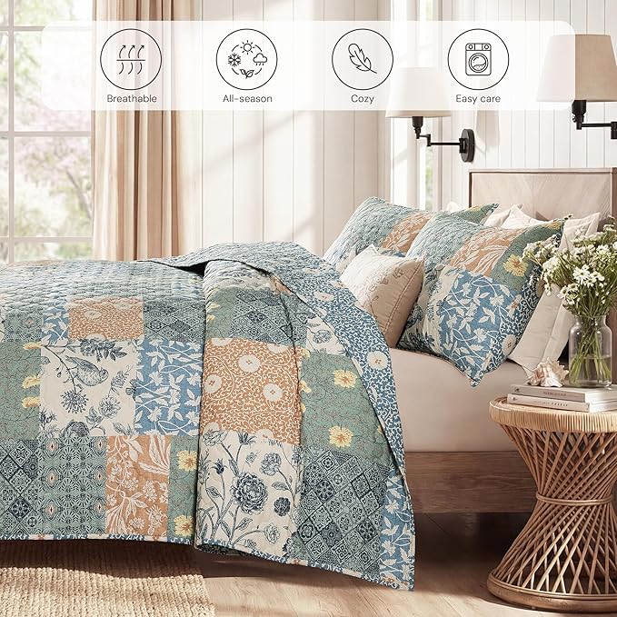 Oversized Queen Quilt Set-3 Pieces Soft Bedding Floral Patchwork Coverlet | All Seasons Quilts Queen Size for Bed, 1 Quilt (120" x 110") and 2 Shams (20" x 36"), Vintage Bedspread, Green