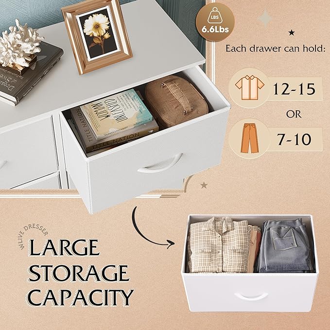 WLIVE 8 Drawer White Fabric Dresser for Bedroom, Tall Storage Tower | White tall 8-drawer fabric dresser with bins, ideal baby dresser for nursery kids room closet toddler clothes organization