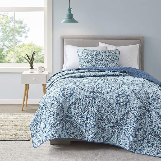 Comfort Spaces Gloria Boho Twin XL Quilt Set 2 Piece for Summer Aqua | Reversible Coverlet Bedspread, Soft All Season, Medallion Pattern, Winter Layer with Shams Modern Lightweight, Cozy Comfort
