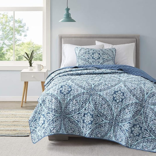 Comfort Spaces Gloria Boho Twin XL Quilt Set 2 Piece for Summer Aqua | Reversible Coverlet Bedspread, Soft All Season, Medallion Pattern, Winter Layer with Shams Modern Lightweight, Cozy Comfort