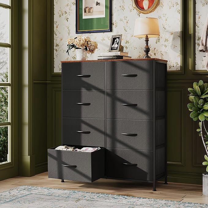 WLIVE Tall Fabric Dresser with 8 Drawers, Storage Tower with Fabric Bins, Double Dressers, Chest of Drawers for Closet, Bedroom, Living Room, Hallway, Dorm, Black and Rustic Brown | Black tall 8-drawer fabric dresser with bins, sleek modern tower for b...