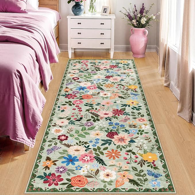 PLHXFR 2.6x8 Washable Runner Rug：Floral Indoor Kitchen Soft Carpet Green | For Hallway Bedroom Kitchen Laundry Bathroom Dorm,Vintage Floral,Machine washable,Non Slip,Stain Resistant,Indoor Floor