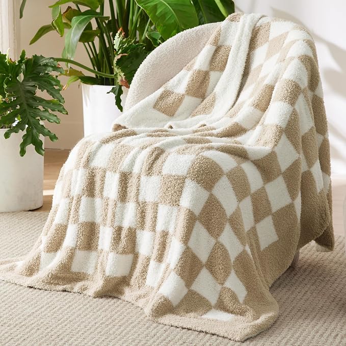 Bedsure GentleSoft Checkered Twin Blanket for Couch, Super Soft Cozy & Warm Knit Throw Blanket, Lightweight & Fluffy Plaid Blankets for Bedding, Sofa, Gifts for Women Men, Beige, 60x80 Inches