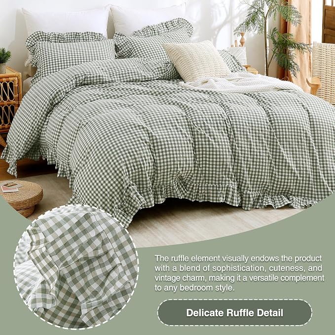 ATsense Green Gingham Ruffle Duvet Cover Set Cotton Like Linen, Queen | 100% Washed Cotton Linen-Like Feel Soft, Breathable & Comfy. Farmhouse Bedding Set with Zipper & 8 Ties. 3 Pcs, No Insert