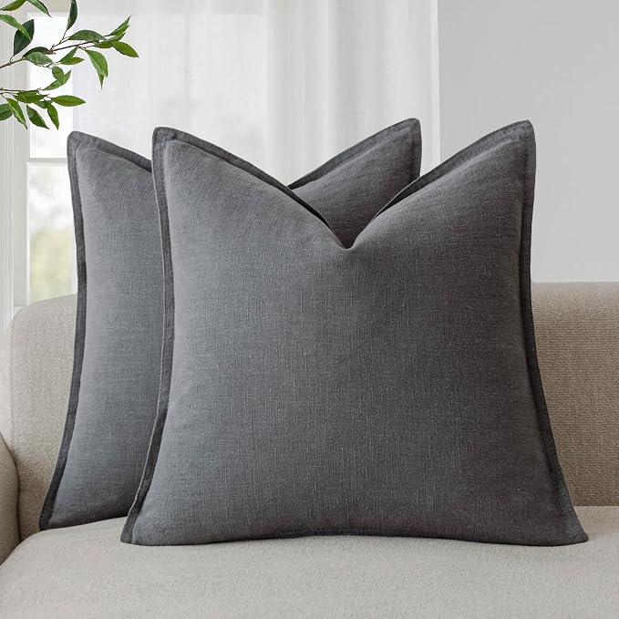 Foindtower Linen Solid Decorative Throw Pillow Covers 22x22 Inch Grey | Pack of 2 Boho Farmhouse Morden Pillowcase,Accent Rustic Cushion Covers,Home Decor for Chair Couch Sofa Bedroom Living Room