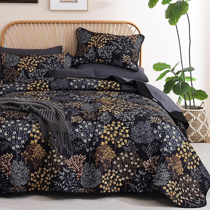 WONGS BEDDING Queen Quilt Set, 3 Pcs Black Brown Floral Bedspread Coverlet | Soft Lightweight Farmhouse Quilt Bedding Set for Bed, Microfiber Floral Quilted Bed Cover for Guest Room 96"×90"