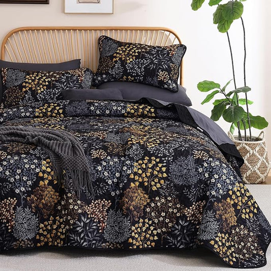 WONGS BEDDING Queen Quilt Set, 3 Pcs Black Brown Floral Bedspread Coverlet | Soft Lightweight Farmhouse Quilt Bedding Set for Bed, Microfiber Floral Quilted Bed Cover for Guest Room 96"×90"