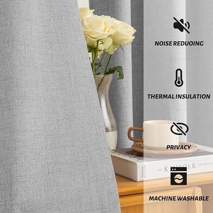 Yakamok Dove Grey Linen Textured Curtains 96 Inches Long for Living Room | 100% Blackout Curtains,Room Darkening Curtains,Thermal Grommet Bedroom Curtain 2 Panels with Greyish White Liner,52W x 96L
