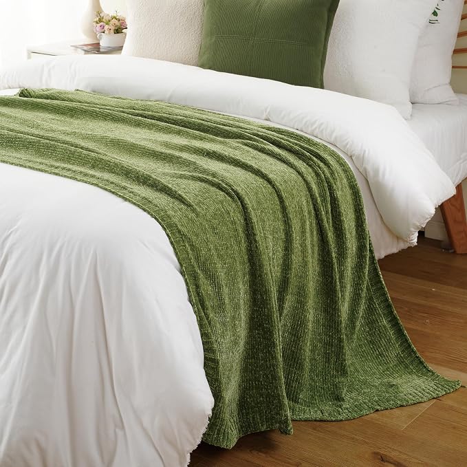 Green Chenille Throw Blanket for Couch, Soft Knit Throw Blanket 51"x67" | Shiny Chenille Blanket, Decorative Soft Moss Green Blankets for Bed Sofa Living Room