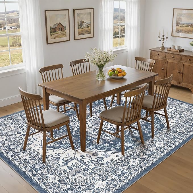UERMEI 8x10 Area Rug for Living Room - Washable Vintage Carpet, Non-Slip Soft Large Indoor Floor Rugs for Bedroom Home Office & Under Dining Table Decor, Denim Blue/White