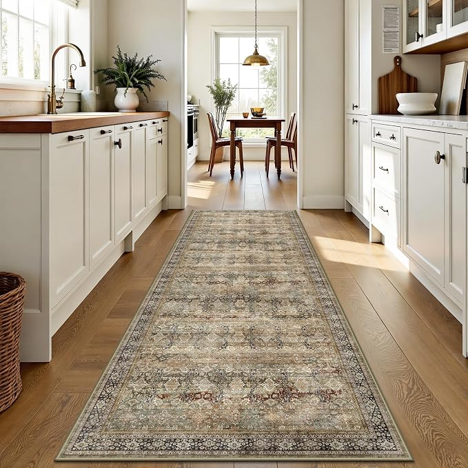 2x6 Hallway Runner Rug, Washable Vintage Retro Long Runner Rugs for Kitchen Laundry, Soft Ultra Thin Non Slip Low Pile Traditional Distressed Boho Carpet for Bedroom Bathroom, Charcoal Olive