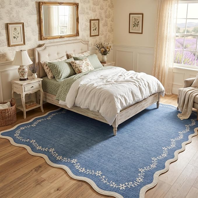 GarveeHome 5x7 Scalloped Area Rug Blue Washable Bedroom Living Room Rug | Soft Floral Low Pile Non Slip Accent Floor Mat Solid Print Throw Rug Indoor Carpet for Dining Room Dorm Playroom