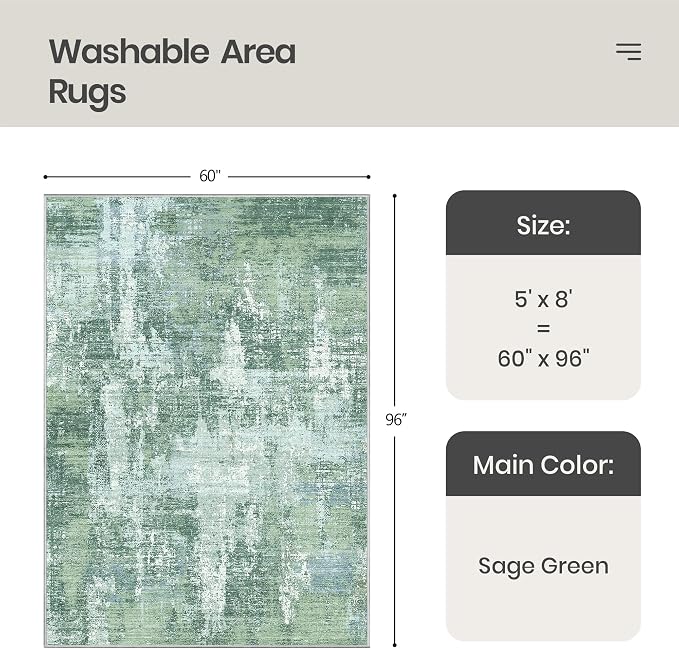5x8 Area Rug, Abstract Washable Rugs for Living Room, Sage Green | Soft Thin & Lighweight, Folable, Stain Resistant Low Pile Non Slip Modern Distressed Carpet Rugs for Bedroom, Dining Room