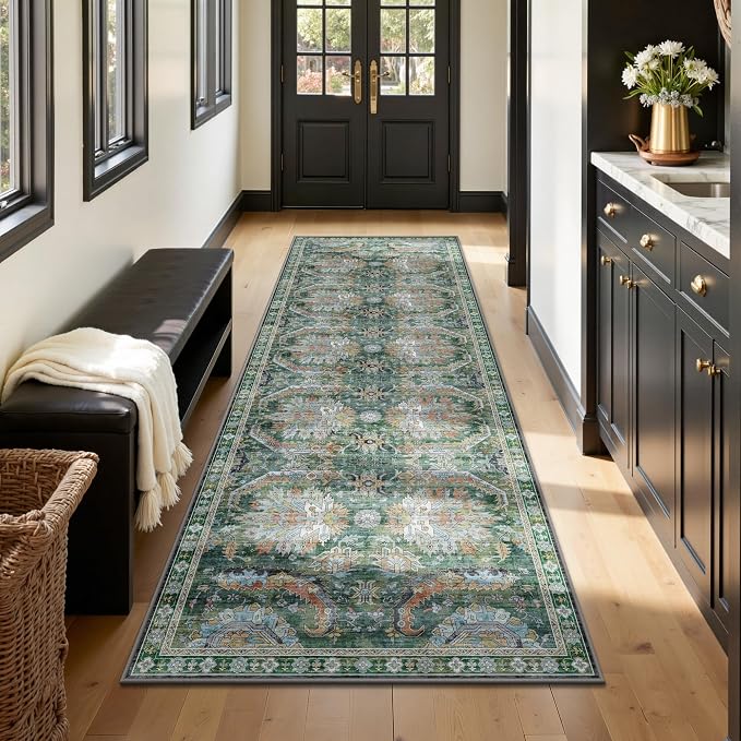 2x6 Hallway Runner Rug, Washable Vintage Retro Long Runner Rugs for Kitchen Laundry, Soft Ultra Thin Non Slip Low Pile Traditional Area Carpet for Bedroom Bathroom Indoor, Green