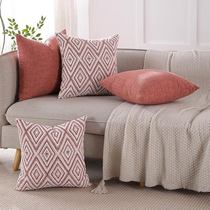 HPUK Throw Pillow Covers 20x20, 4 Pack, Coral Textured Couch Pillow Covers | Polyester fabric, patterned and solid designs, hidden zippers, machine washable, for sofas and beds, inserts not included